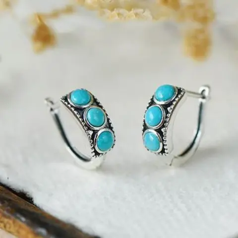 Vintage Blackened Round Blue Turquoise Copper Hoop Earrings, Bohemian Vacation Style, Retro Design, Women's Fashion Jewelry, All Seasons Wear, Post Hoop Earrings, Ear Hoops