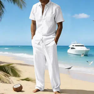 Men's 2-Piece Minimalist Linen Menswear Set - Short-Sleeve Collared Top, Wide-Leg Relaxed Fit Pants with Pocket, Lightweight Breathable Day Outfit for Casual Office & Beach Vacation Summer Wear