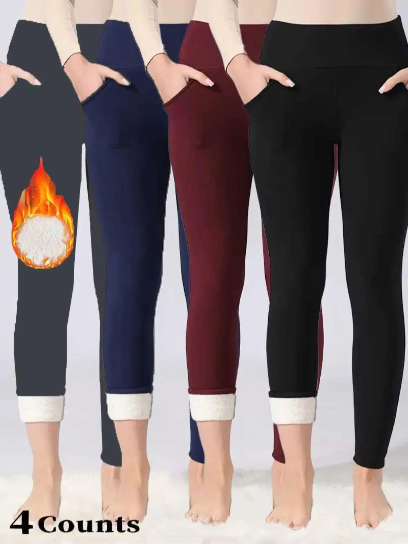 Women's Solid High Waist Thermal Lined Sports Leggings, Casual Comfy Warm Pocket Skinny Pants for Yoga Gym Workout Running, Ladies Sportswear for Fall