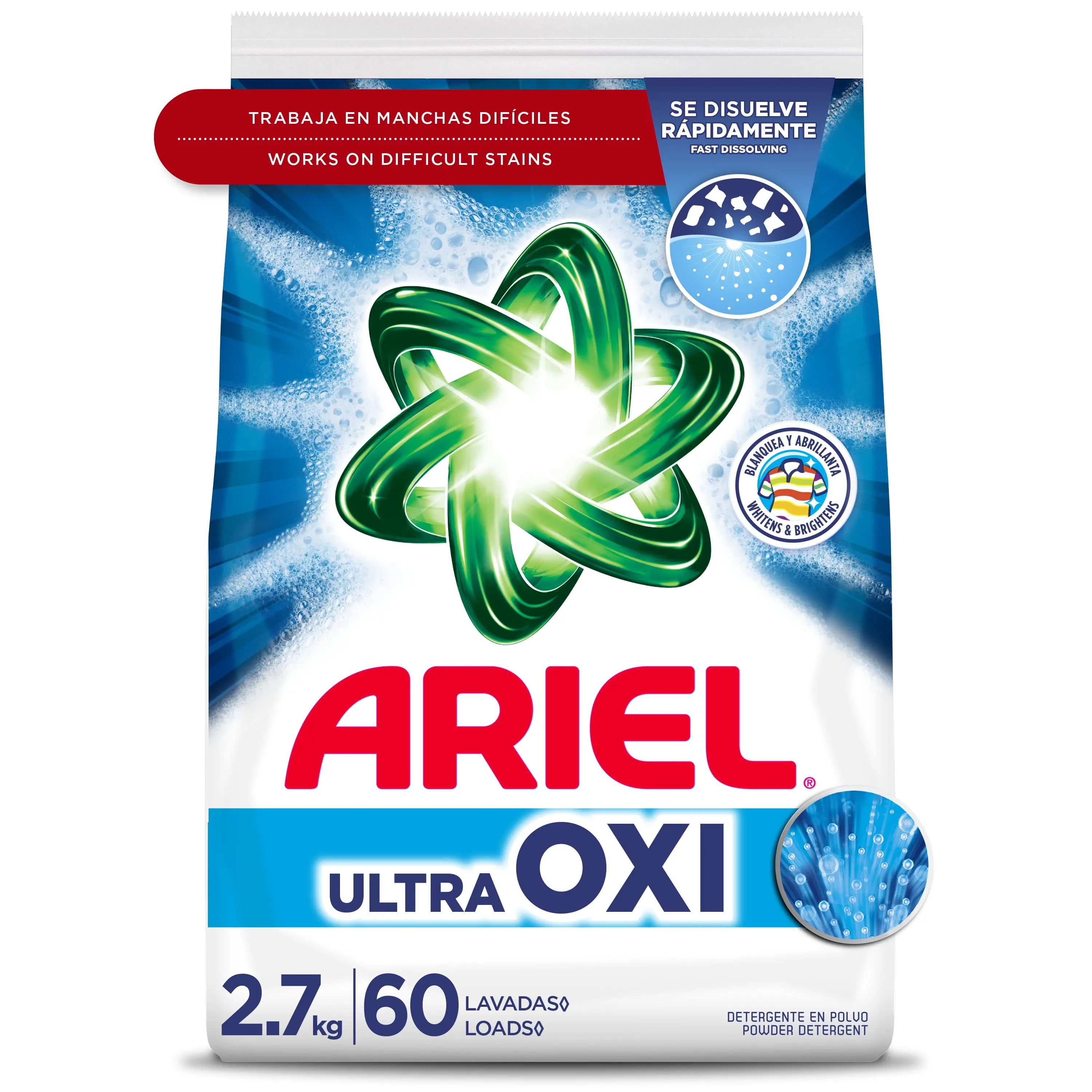 Ariel Laundry Detergent Powder, Ultra Oxi, Original Scent, 2.7 kg, 60 Loads