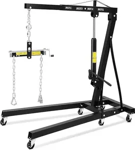 2 Ton Folding Hydraulic Engine Hoist with Leveler, 4400 LBS ，with Telescopic Boom & 6 Casters, for Garage Workshop Warehouse,Black