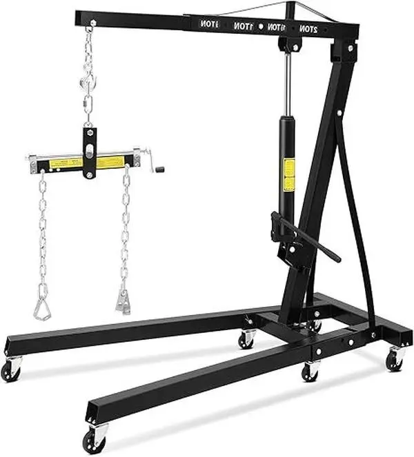 GARVEE 2 Ton Folding Hydraulic Engine Hoist with Leveler, 4400 LBS ，with Telescopic Boom & 6 Casters, for Garage Workshop Warehouse,Black