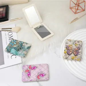 Luxury Rhinestone Butterfly Pattern Portable Folding Mirror, Mini Handheld Makeup Mirror, Full Leather Rectangular Touch-Up Mirror