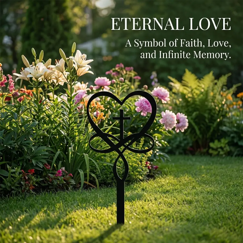 Infinity Heart Cross Metal Garden Stake, Iron Religious Yard Art, Memorial Cemetery Sign, Christian Faith Garden Decor, Black Metal Grave Stake, Garden Sculptures, Garden Sculptures and Decor
