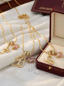 Dainty Custom Script Letter Necklace, Gold Initial Pendant with Pink Crystal Heart & Saturn Ring, Personalized Name Jewelry for Her, Ideal Gift for Mom, Wife, Girlfriend on Valentine's Day, Mother's Day, Christmas