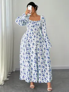 Plus Size Women's Floral Square Neck Long Sleeve Dress, Puff Sleeve Waist-Cinching Floral Maxi Dress, French Vintage Gentle A-Line Bohemian Style Dress, Suitable for Spring, Autumn Fashion Casual Daily Wear, Holiday or Vacation, All-Season Women's Dress