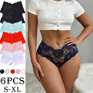 Women's 6-Pack Minimalist Solid Color Large Floral Cutout Lace Briefs - Mid-Waist, Skin-Friendly, Hip-Lifting, Breathable, Elastic, Seamless Sexy Panties for Everyday Wear, Dates