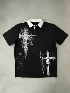 Gothic Cross & Jesus Graphic Polo Shirt | Contrast White Collar | Ornate Cross & Crucifix Print | Edgy Streetwear for Men & Women | Retro Y2K Goth Aesthetic Tops in Black/Navy