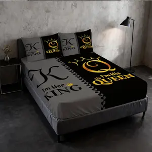 3-Piece King & Queen Themed Fitted Sheet Set, Couples "I'm Her King & I'm His Queen" Printed Bedding, Soft Deep Pocket Bed Sheet, No Pillow Insert, for Bedroom Decor