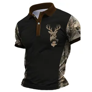 Men's Camouflage Quick Drying Shirt - Casual Outdoor Style, Deer Head Print, Short Sleeve, Button Neck, Summer Hunting and Hiking Clothing, Hiking Equipment