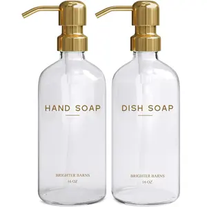 Luxury Glass Soap Dispenser Set by Brighter Barns - Hand and Dish Soap Dispenser for Kitchen Sink - Kitchen Soap Dispenser Set & Pump - Modern Gold Kitchen Decor and Accessories (Gold)