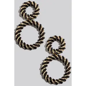 Bead And Wire Metallic Braid Hoops Dangle Earrings: Gold/Black