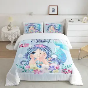 Cartoon Mermaid Quilt Set with Starfish Shell Print, Full Fill, 3-Piece Bedding, Dreamy Girl Room Decor, Cozy Atmosphere