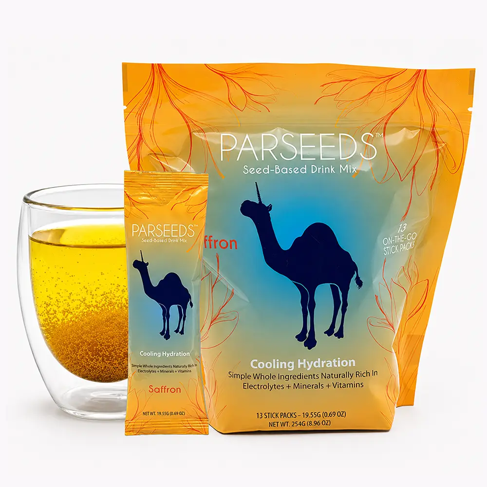 PARSEEDS Natural Electrolyte Drink Mix with Real Saffron & Khakshir Seeds | Hydration, Digestion, Mood, Detox & Energy | Zero Sodium | 13 Stick Packs