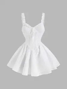 Sweet Lace Square Neck Bow Tie Short Fitted Dress, Hollow Floral Design for Girls, Fashionable and Romantic for Dates & Parties