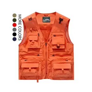 Men's Solid Multi-pocket Sleeveless Zipper Gilet, Loose Casual Street Fashion Hollow Out V Neck Vest Jacket for Spring & Summer, Men's Clothes for Daily Wear, Menswear, Streetwear