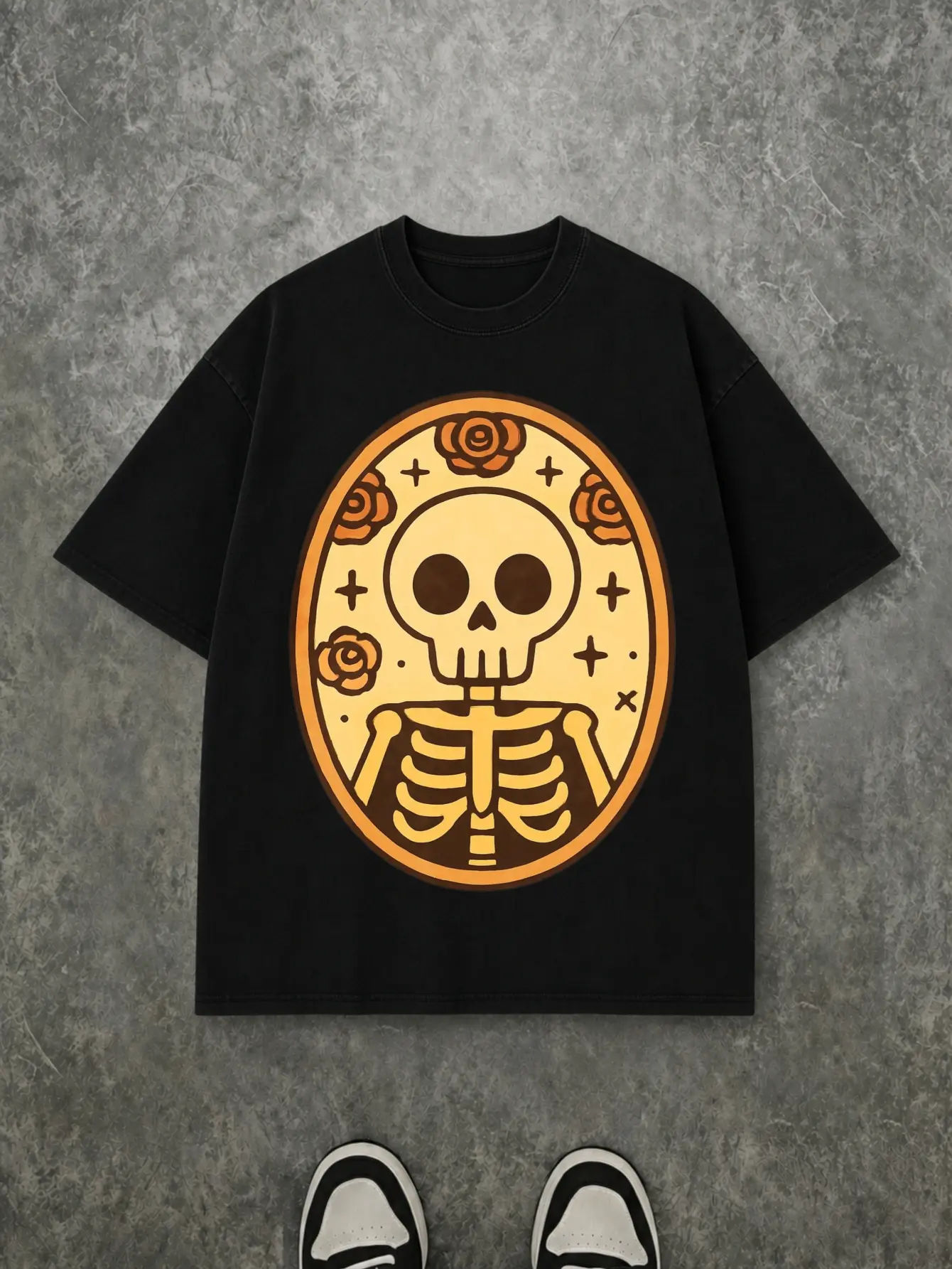 Vintage Washed Black T-Shirt Retro Tattoo Style Skeleton Orange Rose Oval Frame Gothic Halloween Graphic Oversized Unisex Cotton Tee