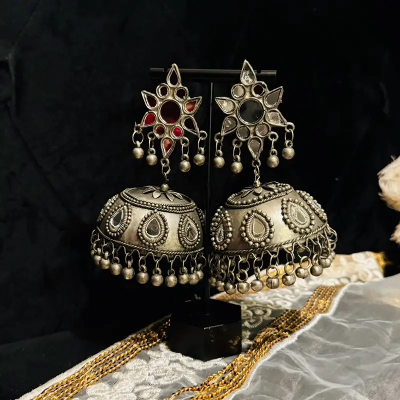 Oxidized Silver Jhumkey with Decorative Elements, Simple Design, Elegant Finish, Ideal for Traditional Wear