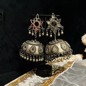 Oxidized Silver Jhumkey with Decorative Elements, Simple Design, Elegant Finish, Ideal for Traditional Wear