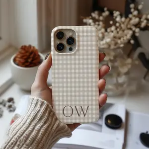 Beige Gingham Personalized Phone Cover Pattern Initials Custom Phone case IP 17 16 15 14 13 12 11 Pro Max