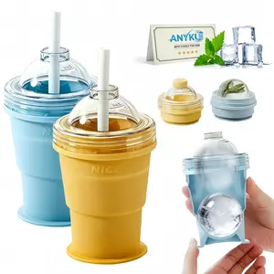 2-in-1 Silicone Ice Ball Maker Cup with Lid, Easy-Release Large Ice Cube Mold & Folding Drinkware Tumbler for Home Iced Coffee, Soda, Smoothies, Clear Craft Cocktail Ice & Summer Kitchen Gadgets