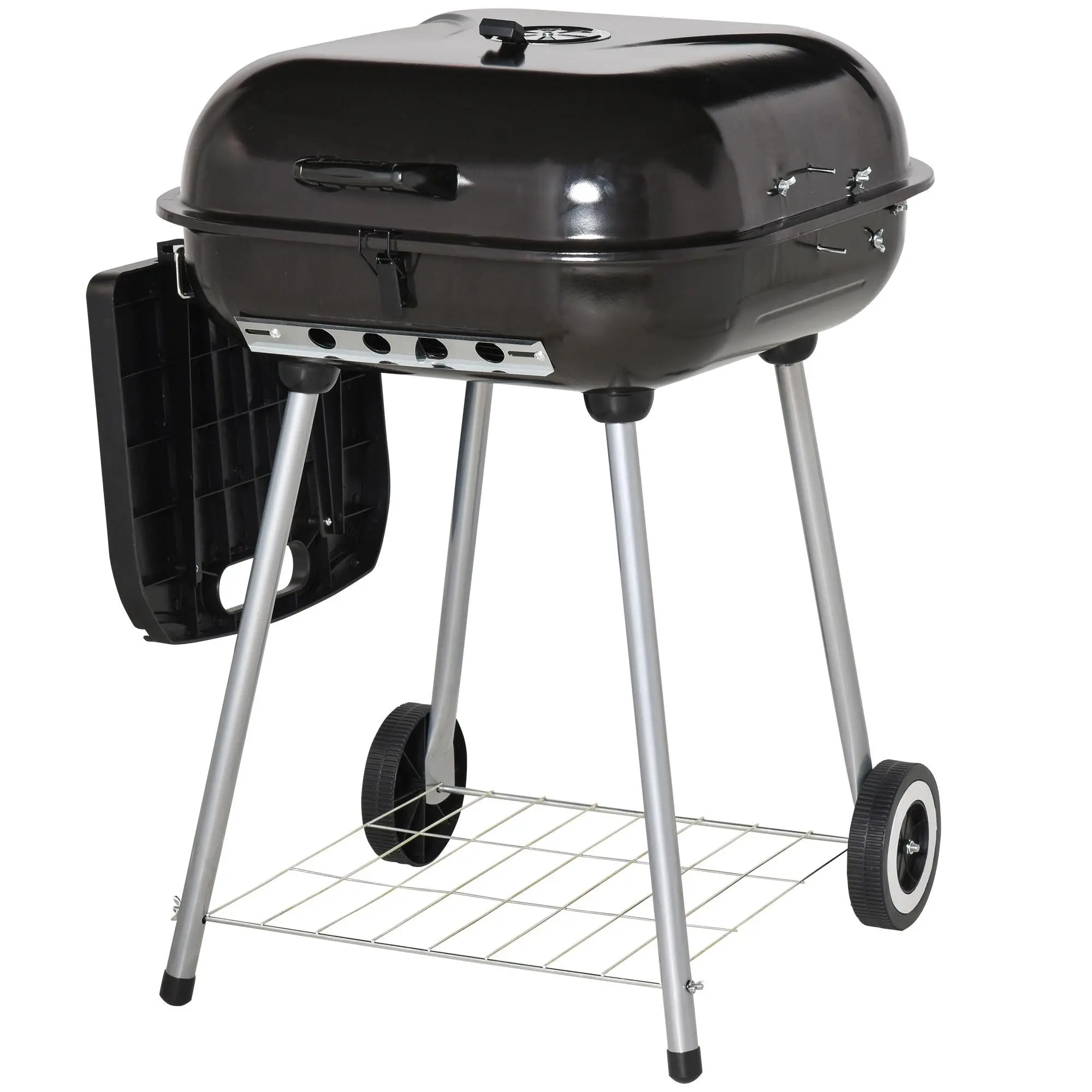 Outsunny Portable Barrel Charcoal BBQ Grill - Foldable Side & Bottom Shelves, Wheels, Adjustable Vents, Rack, Touchsafe Handle, Shelf for Charcoal, Outdoor Smoker for Backyard Travel, Black, Open Flame Outdoor Cooking Barbecue