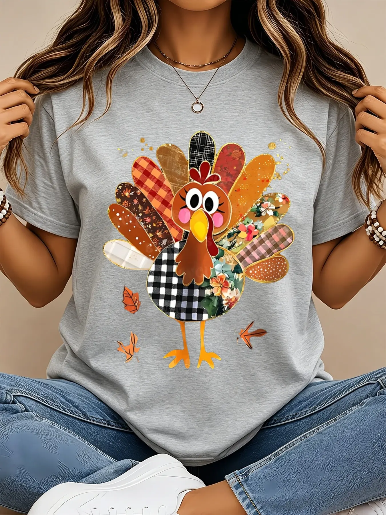Thanksgiving Patchwork Turkey Shirt for Women, Cute Mixed Print Turkey Maple Leaf Graphic Tshirt, Fall Harvest Casual Tee, Vacation Daily Commute Top 2D