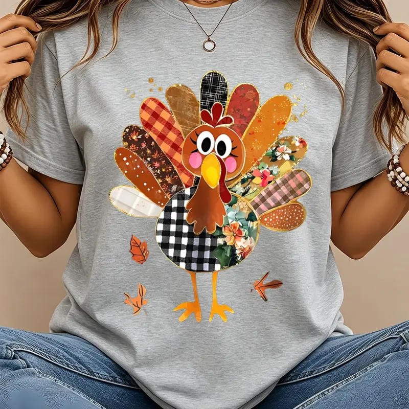 Thanksgiving Patchwork Turkey Shirt for Women, Cute Mixed Print Turkey Maple Leaf Graphic Tshirt, Fall Harvest Casual Tee, Vacation Daily Commute Top