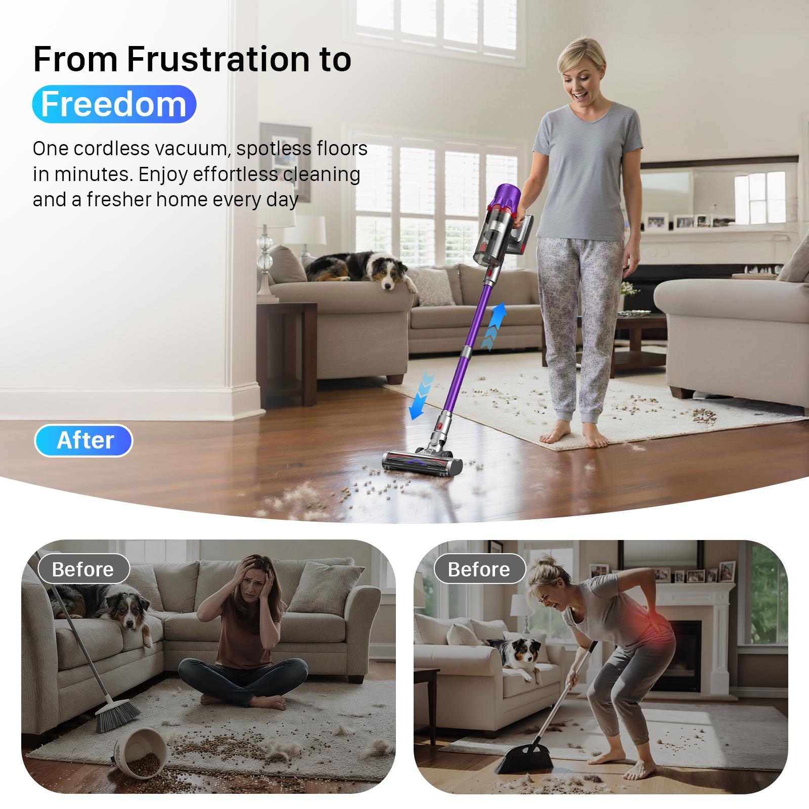 Cordless Vacuum Cleaner,45-Min Runtime 33Kpa, with HEPA Filter Self-Standing Stick Vacuum Cleaners for Home,Powerful Suction,Anti-Tangle Brush,Lightweight, LED Light,Detachable Battery, Lightweight for Floor/Pet Hair/Carpet/Car