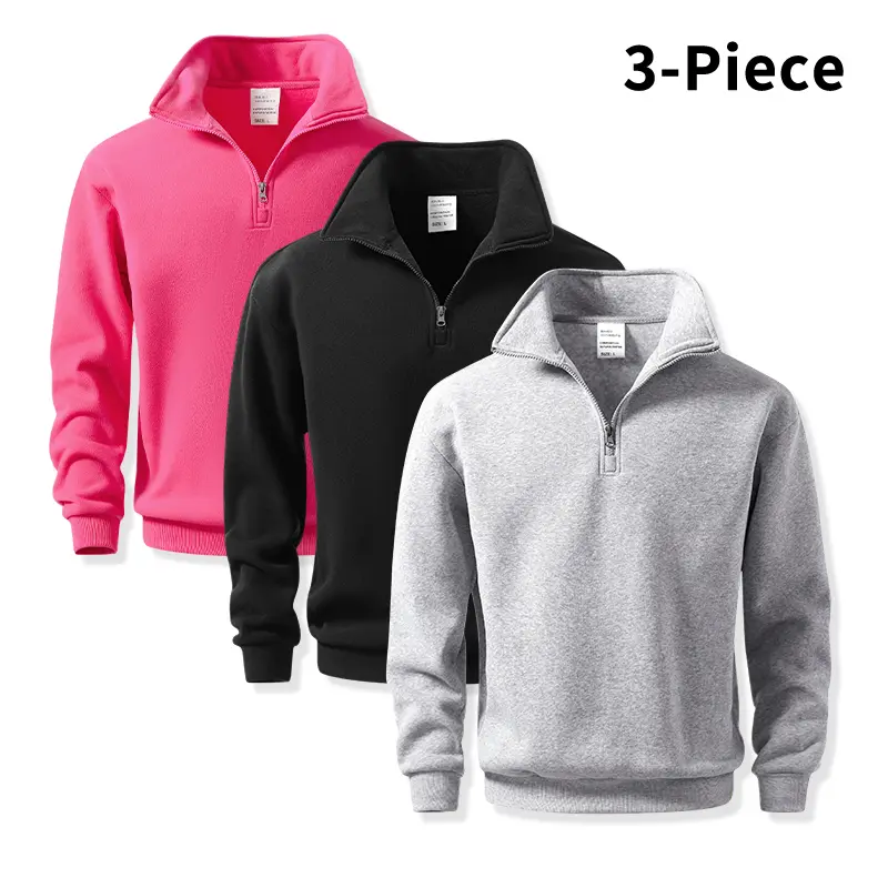 Men's 3-Piece Athletic Sweatshirt Set, Comfortable Solid Color Loose-Fit Long Sleeve Top with Half-Zip Stand Collar, Casual Wear for Gym & Jogging, Everyday Walks, Campus