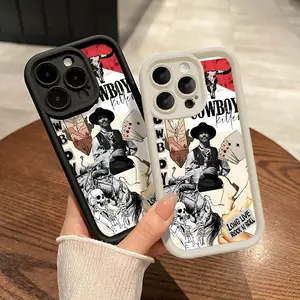 Vintage Western Cowboy Rock N Roll Collage Phone Case, Grunge Retro Aesthetic, Black Frame Slim Silicone Shockproof Full Camera Protection Cover for iPhone 17 Pro Max 16 Plus 15 14 13 12 11&Samsung S26 25 24 23 22