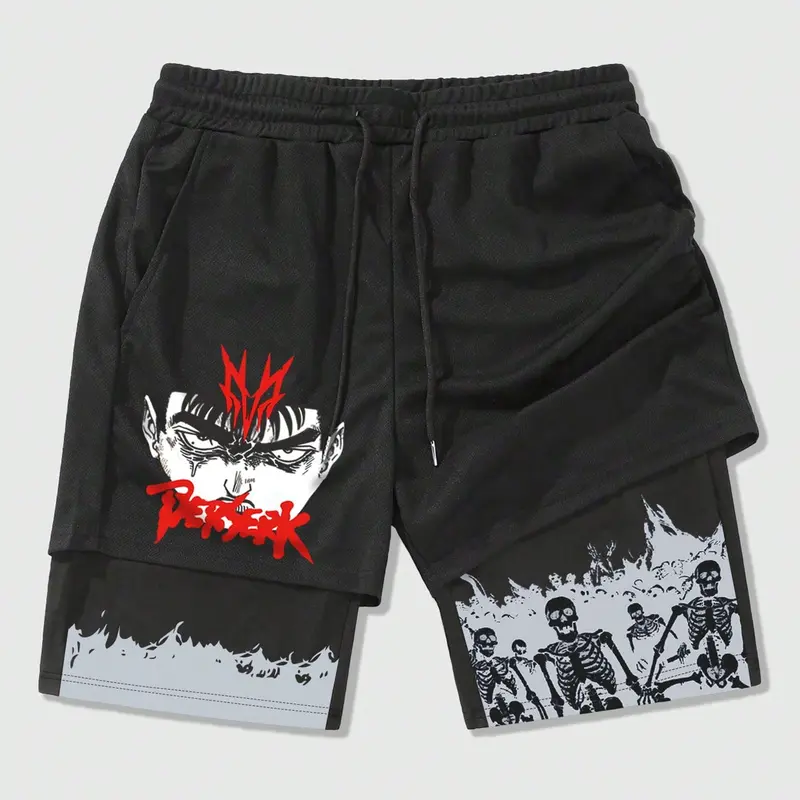 Men's Cartoon Skull Print 2-in-1 Drawstring Waist Shorts, Casual Loose Pocket Design Shorts for Summer, Fashion Men's Bottoms for Daily Wear