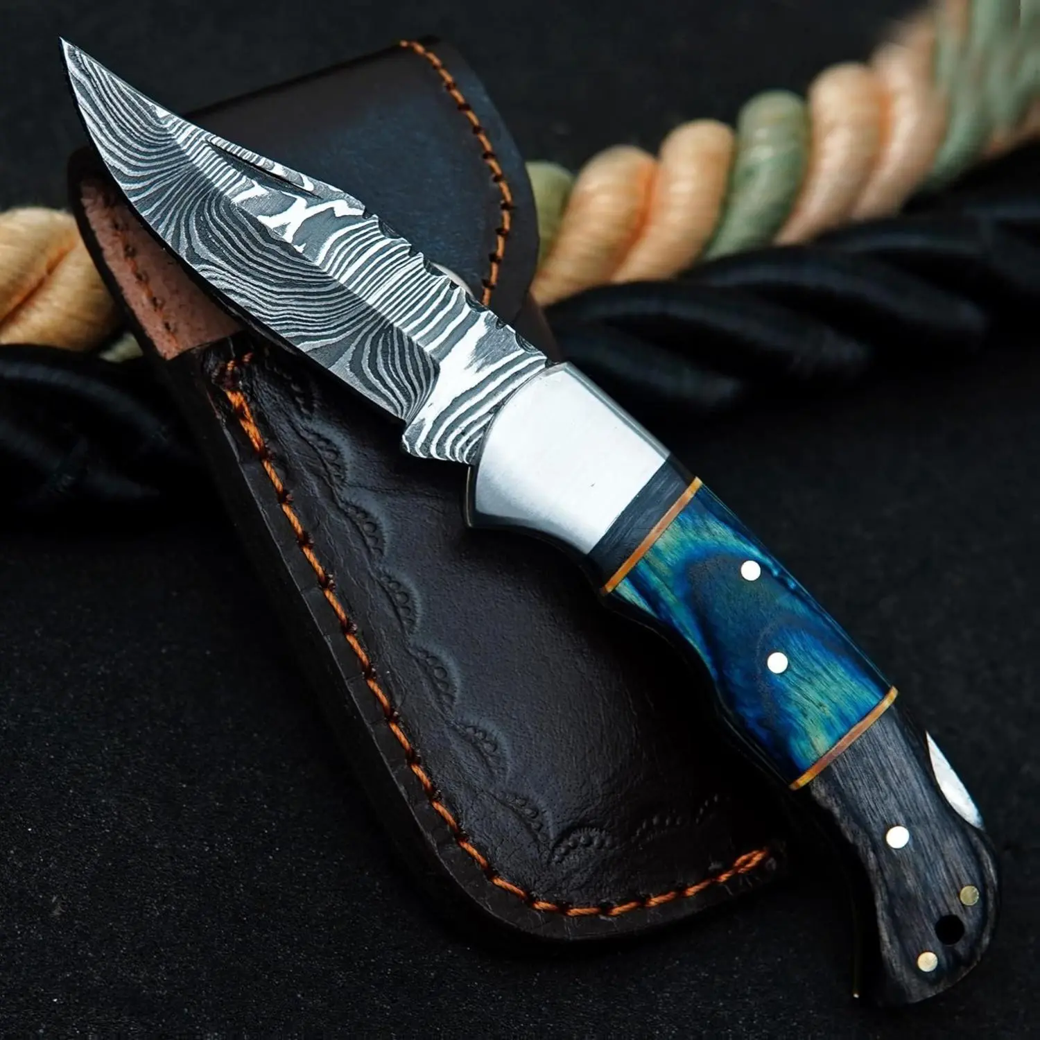 Handmade Damascus Pocket Folding Knife | Camping Knife | Gift for him groomsman Anniversary Birthday gift (Blue & Black)