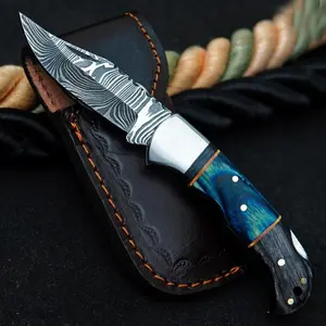 Handmade Damascus Pocket Folding Knife | Camping Knife | Gift for him groomsman Anniversary Birthday gift (Blue & Black)