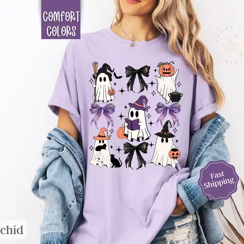Halloween Bow Shirt Comfort Colors, Ghost Women's Tshirt, Fall Oversized Womenswear halloween shirt