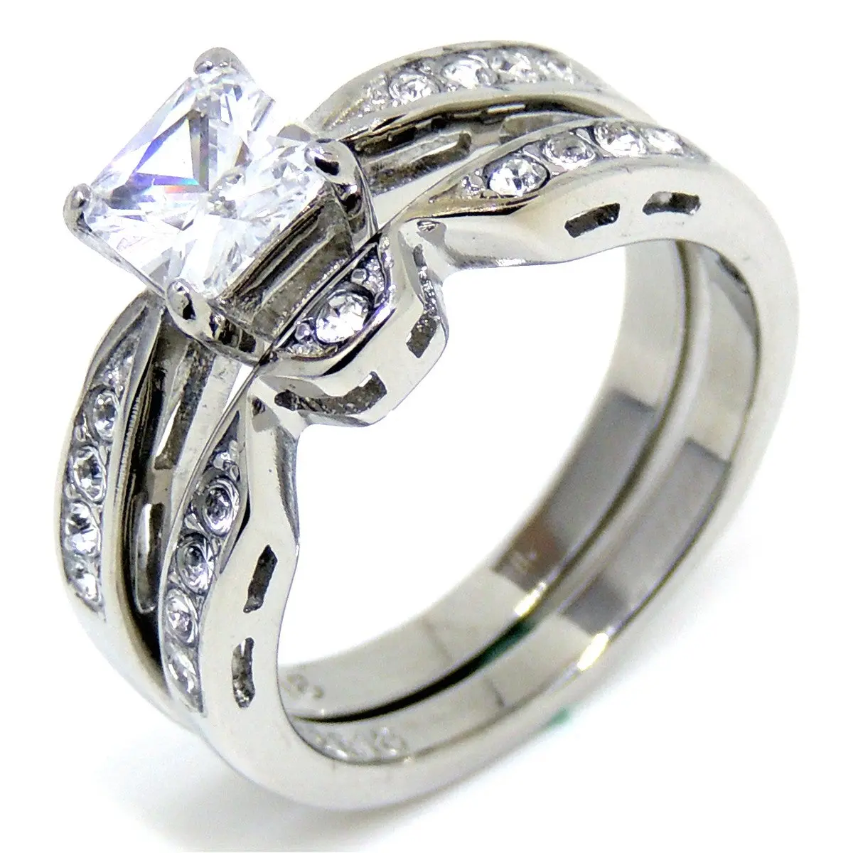 Lanyjewelry Princess Cut Hypoallergenic Cubic Zirconia Stainless Steel Modern Fashion Ring Set - Elegant Casual, Engagement Option for Daily Wear, Stacking Use, Elegant Casual Ring, Engagement Rings