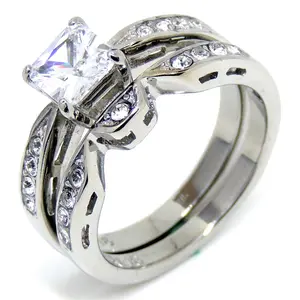 Princess cut Clear CZ Stainless Steel Hypoallergenic Ring Set