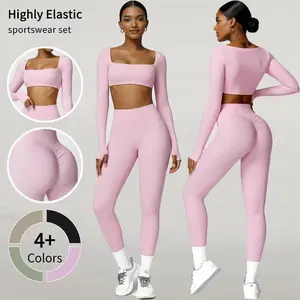 High elasticity women's two-piece sports suit long sleeved crop top and high waisted bell bottom pants pink black beige texture sportswear breathable sportswear tight fitting clothesRAIMENTRY