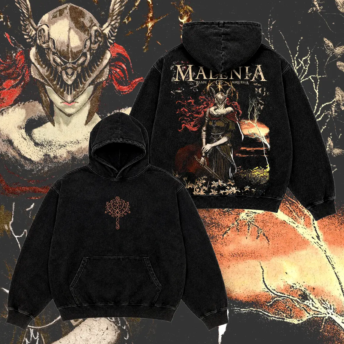 Elden Ring Malenia Blade of Miquella Graphic Hoodie for Casual Streetwear Menswear, Vintage Washed Oversized Pullover, Front Back Print