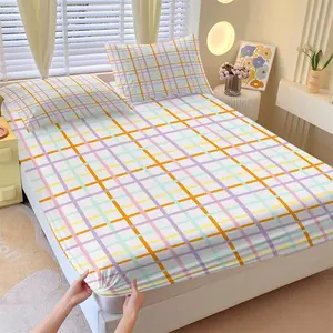 3 Pieces Colorful Plaid Non-Slip Bed Set, 1 Fitted Sheet + 2 Pillowcases, Premium Microfiber Pastel Checkered Bed Sheet with 14" Deep Pocket, Skin-Friendly Stain Resistant Bedding for All Ages