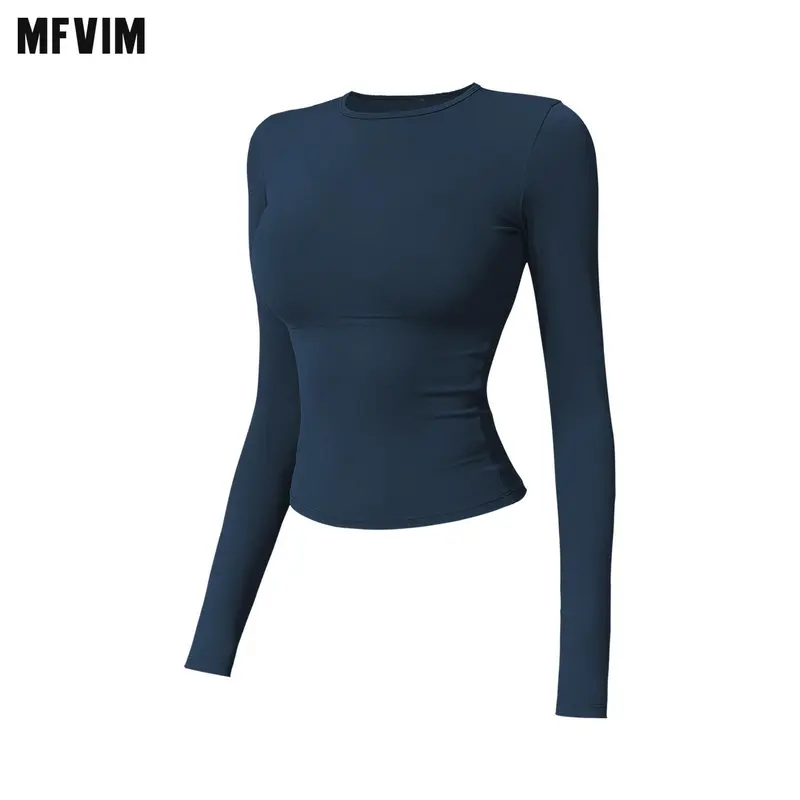 MFVIM Women's Nylon Blend Crew Neck Plain Athletic Gym Yoga Tops - Long Sleeve Tight Lightweight Compression Activewear, Quick Dry Gym Exercise Outfit Tee for Yoga, Fitness
