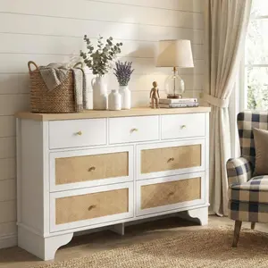 Garvee White 7-Drawer Double Dresser for Bedroom, 47.3 in Wide Wood Chest with Wood Drawer Organizer and Sturdy Base, Ideal for Living Room, Entryway, and Hallway Storage