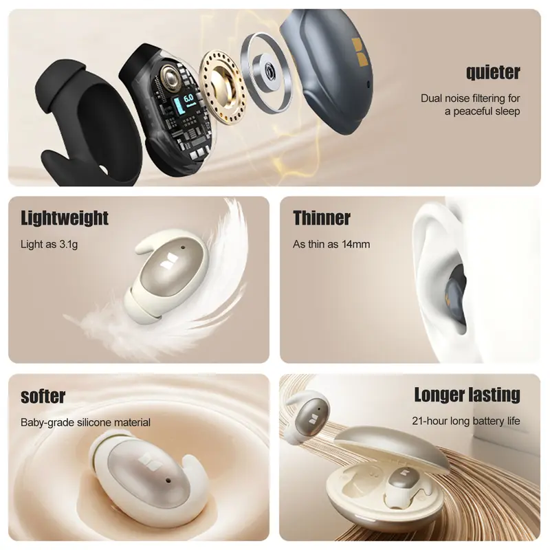 Monster Bluetooth 6.0 Invisible Earbuds - Flat-Head Bluetooth Headphones, Lightweight Soothing Portable Wearable, Sleep Aid for Side Sleepers, 165H Playtime, Noise-Canceling, Fast Charging, Stable Connection, Travel-Friendly - TikTokShopBackToSchool