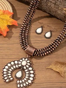 Western Squash Blossom Necklace and Earrings Set - Vintage Copper Navajo Pearl Bead Chain with White Stone Naja Pendant - Southwestern Style Jewelry for Cowgirl Fashion Gifts