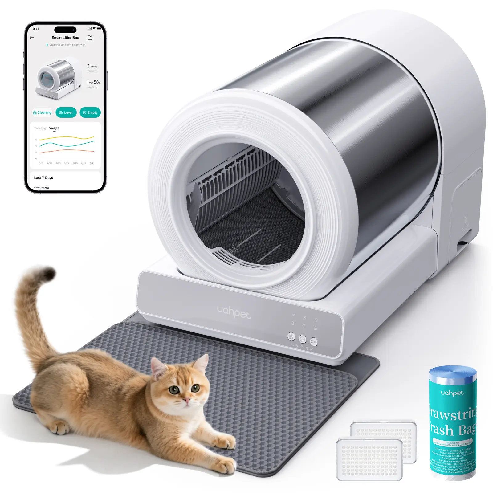 UAHPET Stainless Steel Self-Cleaning Automatic Litter Box, Easy-to-Clean Automatic Cat Litter Box with APP Control, Odor-Free Waste Disposal Includes Trash Bags