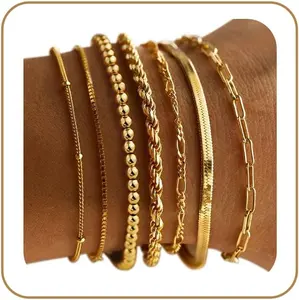 7PCS Gold Bracelets for Women - 14K Real Gold Plated Beaded Bracelets Set Rope Paperclip Chain Stackable Bracelet Non Tarnish, Friendship Birthday Jewelry Gifts for Women Teen