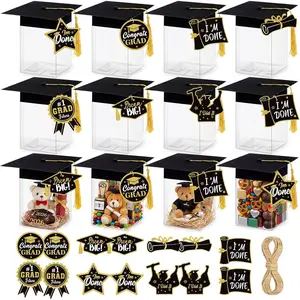 12 count 2026 Graduation Party Favors Candy  Boxes Clear Mini Graduation Cap Jars with Tassel Congrats Grad Cap Box with Cards Rope for College Graduate Party Decor(4.7 x 3.6 x 6.4 Inch)