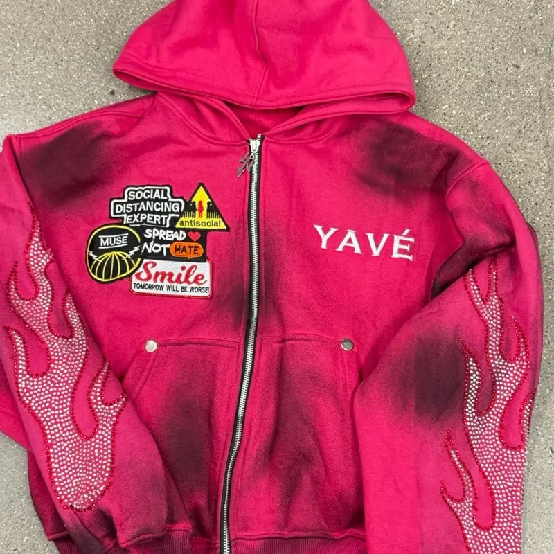 Pink Sun Flamed Yave Garments Zip Up Jacket - Casual Women's Womenswear with Flamed Design and Zipper Closure