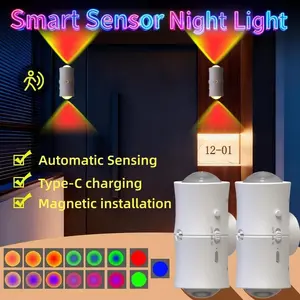 Smart Rechargeable LED Night Light with Motion Sensor – RGB Gradient Ambient Lighting, Dimmable Wall Lamp, Magnetic & Stick-On Design, USB Convenient Charging, Long-Lasting Battery, Perfect for Halloween Decor, Bedroom, Stairs, Hallway & Entryway