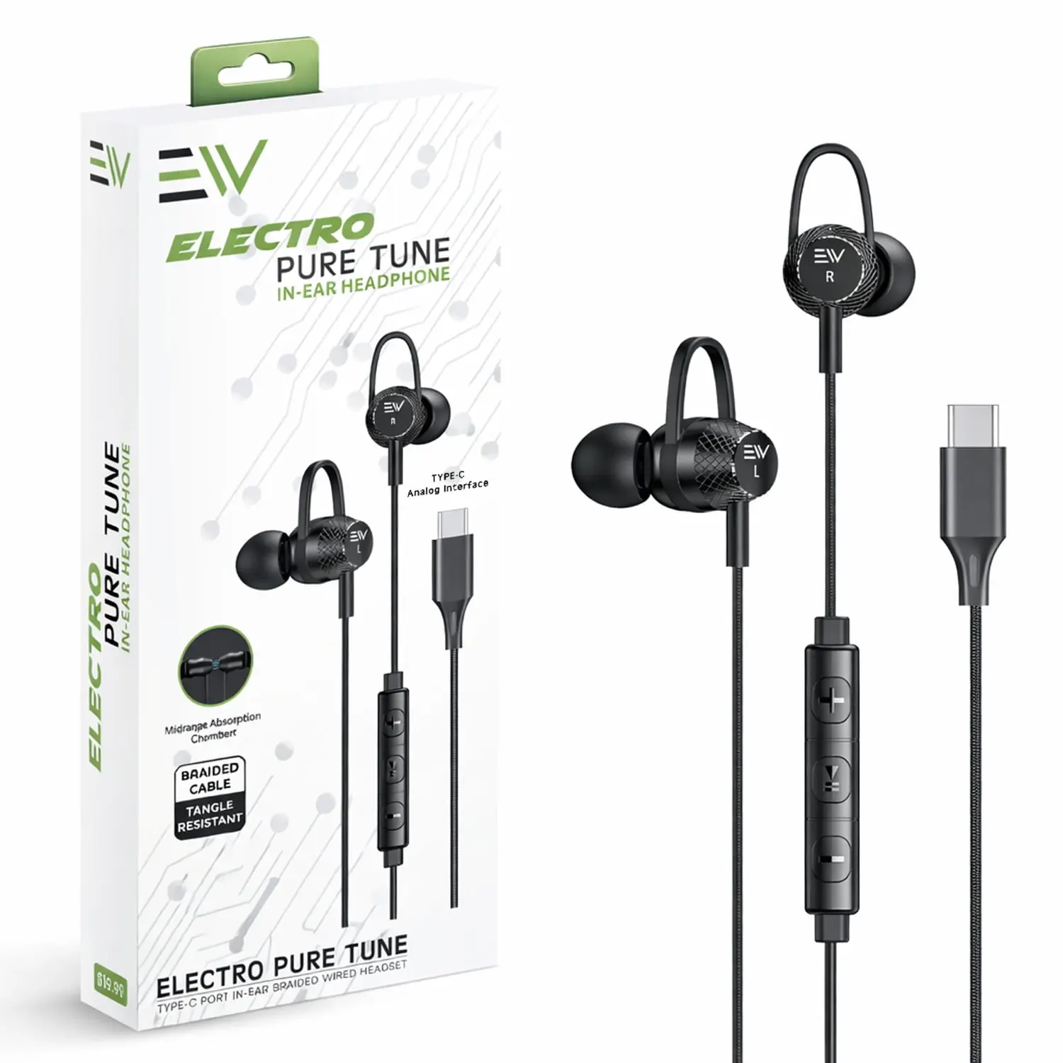 Electronic World USB-C Wired Earbuds with Mic & Volume Control, 10mm Drivers Braided Cable In-Ear Headphones for Android, Clear Sound Noise Isolating Black